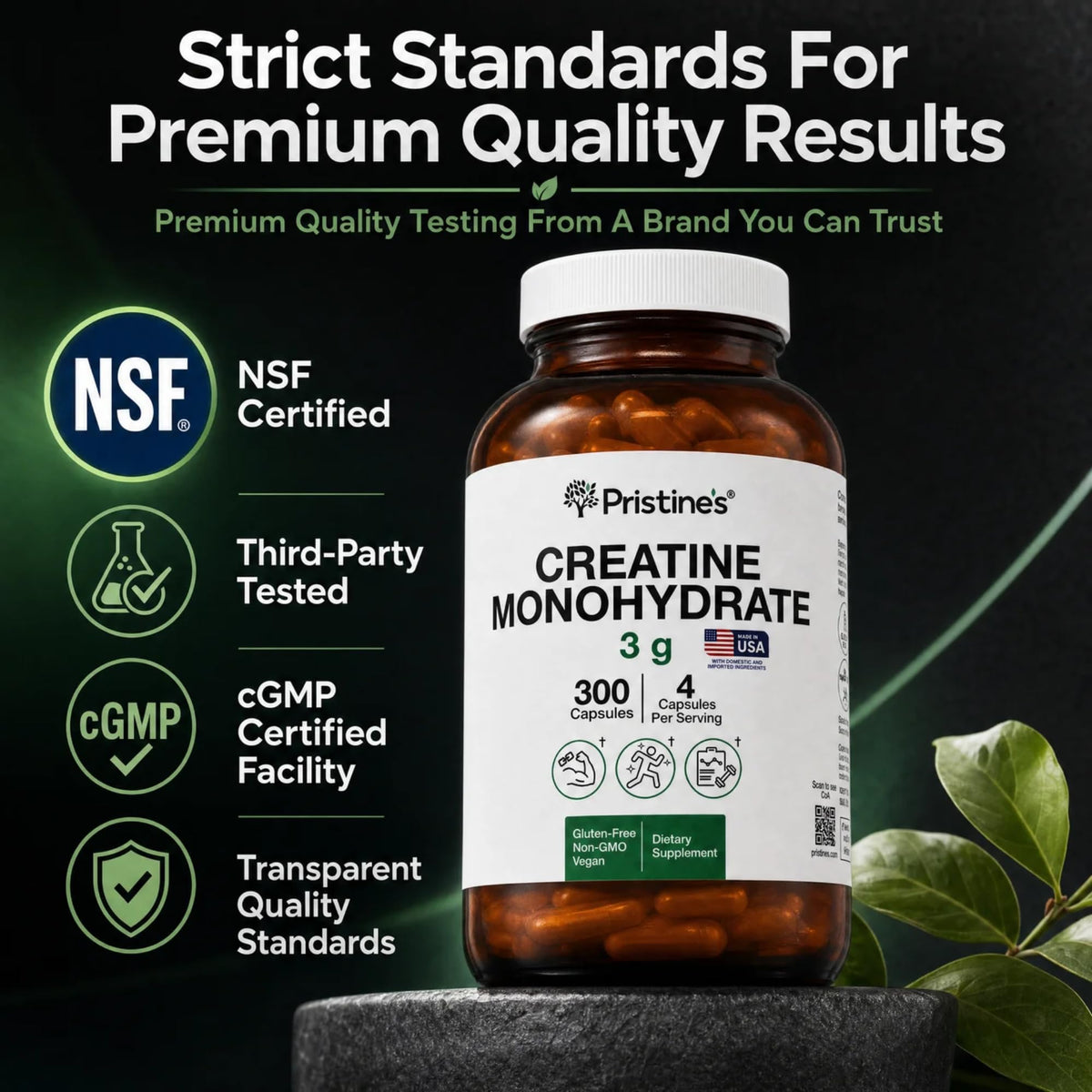 PRISTINE'S Creatine Monohydrate Capsules for Women & Men - NSF Certified 75 Day Supply 3G Creatine Pills for Women - Cognitive & Athletic Performance Support - FENGGESTORE20
