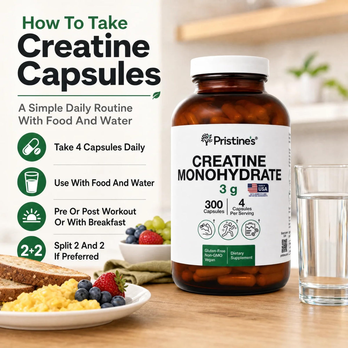 PRISTINE'S Creatine Monohydrate Capsules for Women & Men - NSF Certified 75 Day Supply 3G Creatine Pills for Women - Cognitive & Athletic Performance Support - FENGGESTORE20
