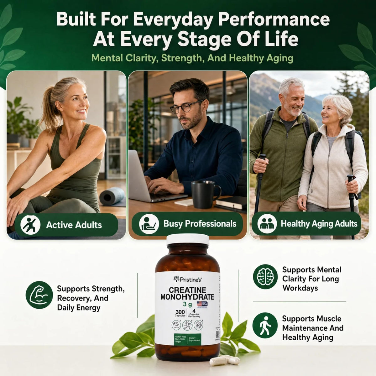 PRISTINE'S Creatine Monohydrate Capsules for Women & Men - NSF Certified 75 Day Supply 3G Creatine Pills for Women - Cognitive & Athletic Performance Support - FENGGESTORE20