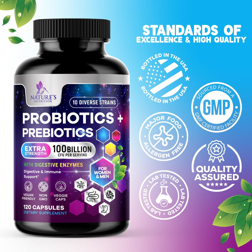 Probiotics 100 Billion CFU Per Serving - 10 Premium Strains + Prebiotics - Best Probiotic Supplement for Women & Men - Supports Immune, Digestive Health, - FENGGESTORE20