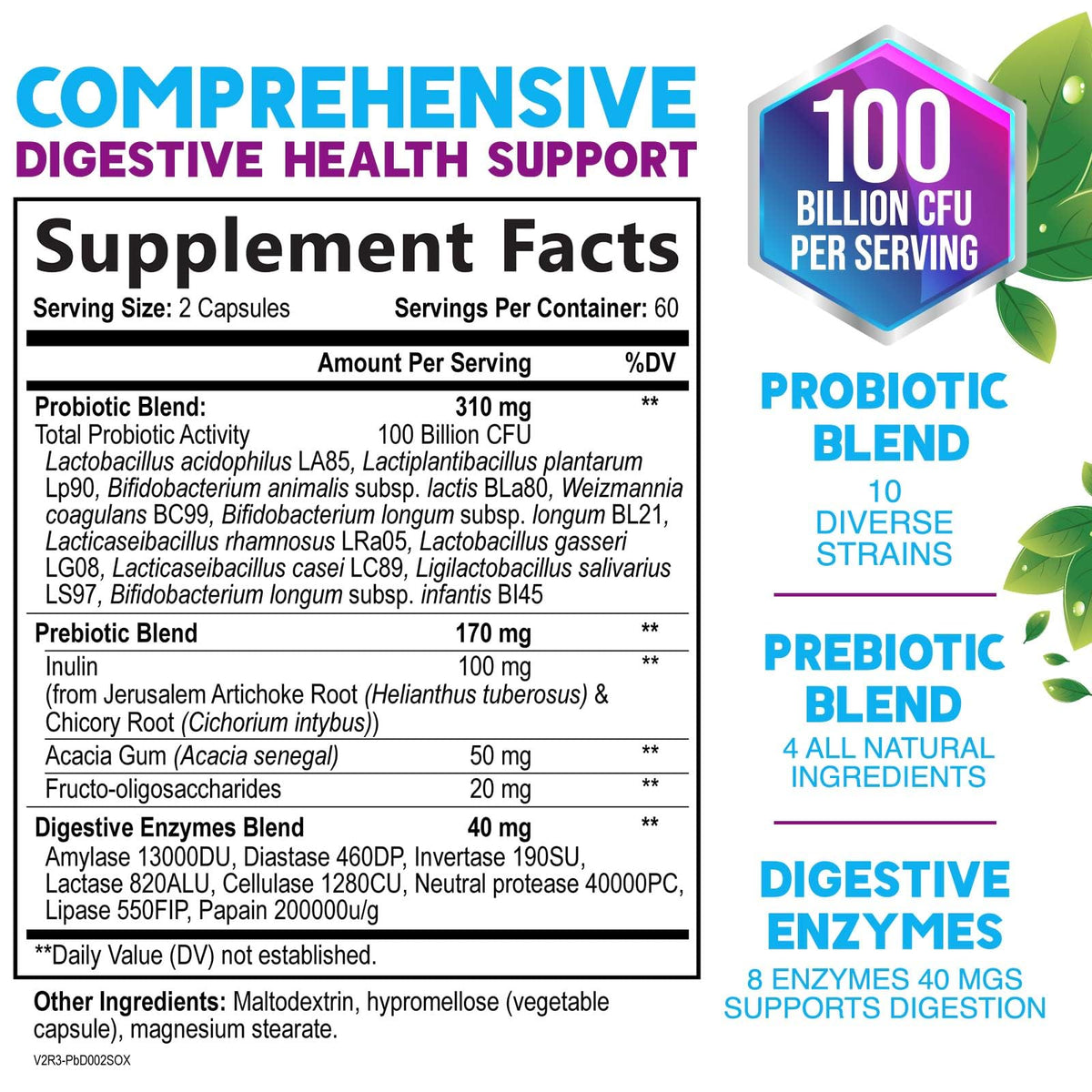 Probiotics 100 Billion CFU Per Serving - 10 Premium Strains + Prebiotics - Best Probiotic Supplement for Women & Men - Supports Immune, Digestive Health, - FENGGESTORE20