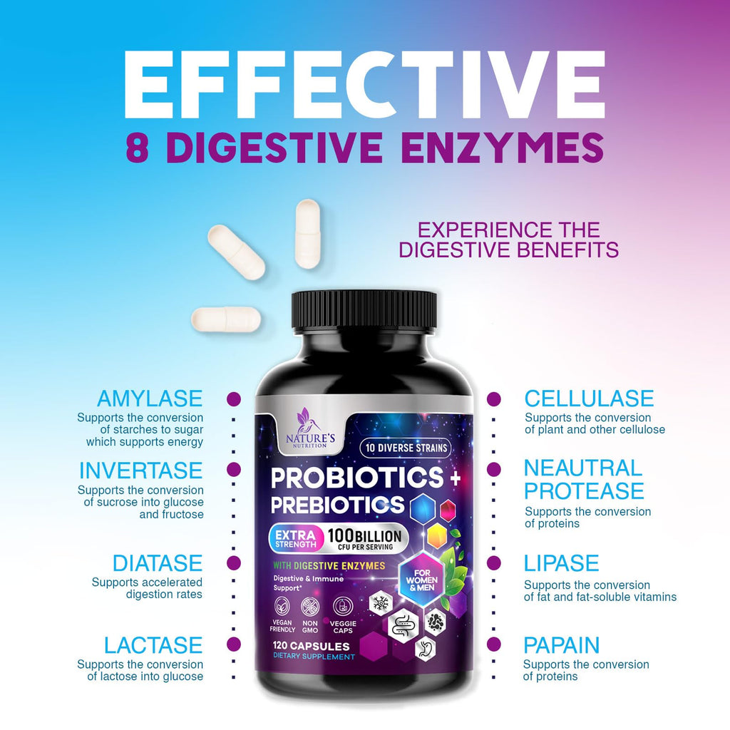 Probiotics 100 Billion CFU Per Serving - 10 Premium Strains + Prebiotics - Best Probiotic Supplement for Women & Men - Supports Immune, Digestive Health, - FENGGESTORE20