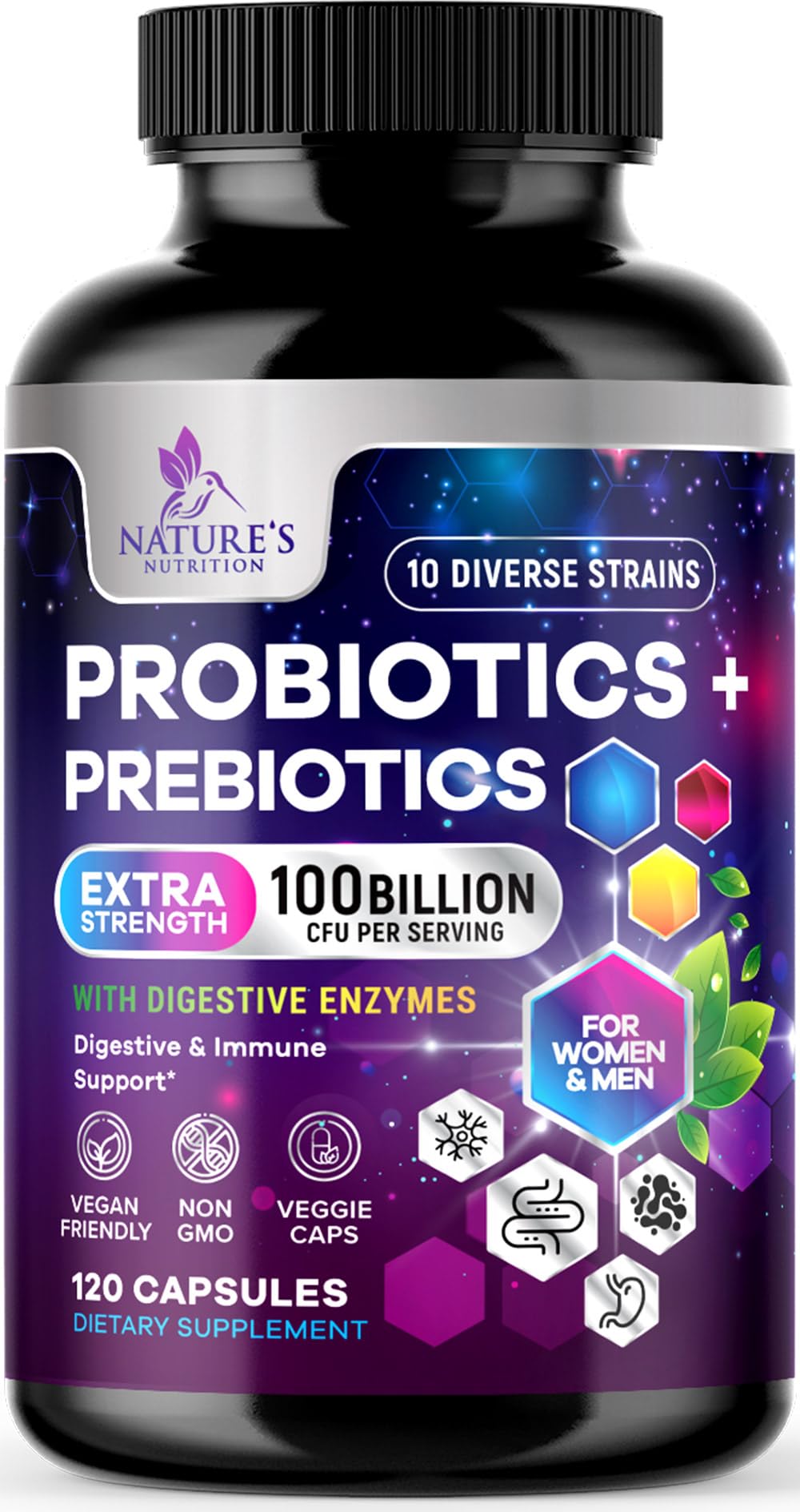 Probiotics 100 Billion CFU Per Serving - 10 Premium Strains + Prebiotics - Best Probiotic Supplement for Women & Men - Supports Immune, Digestive Health, - FENGGESTORE20