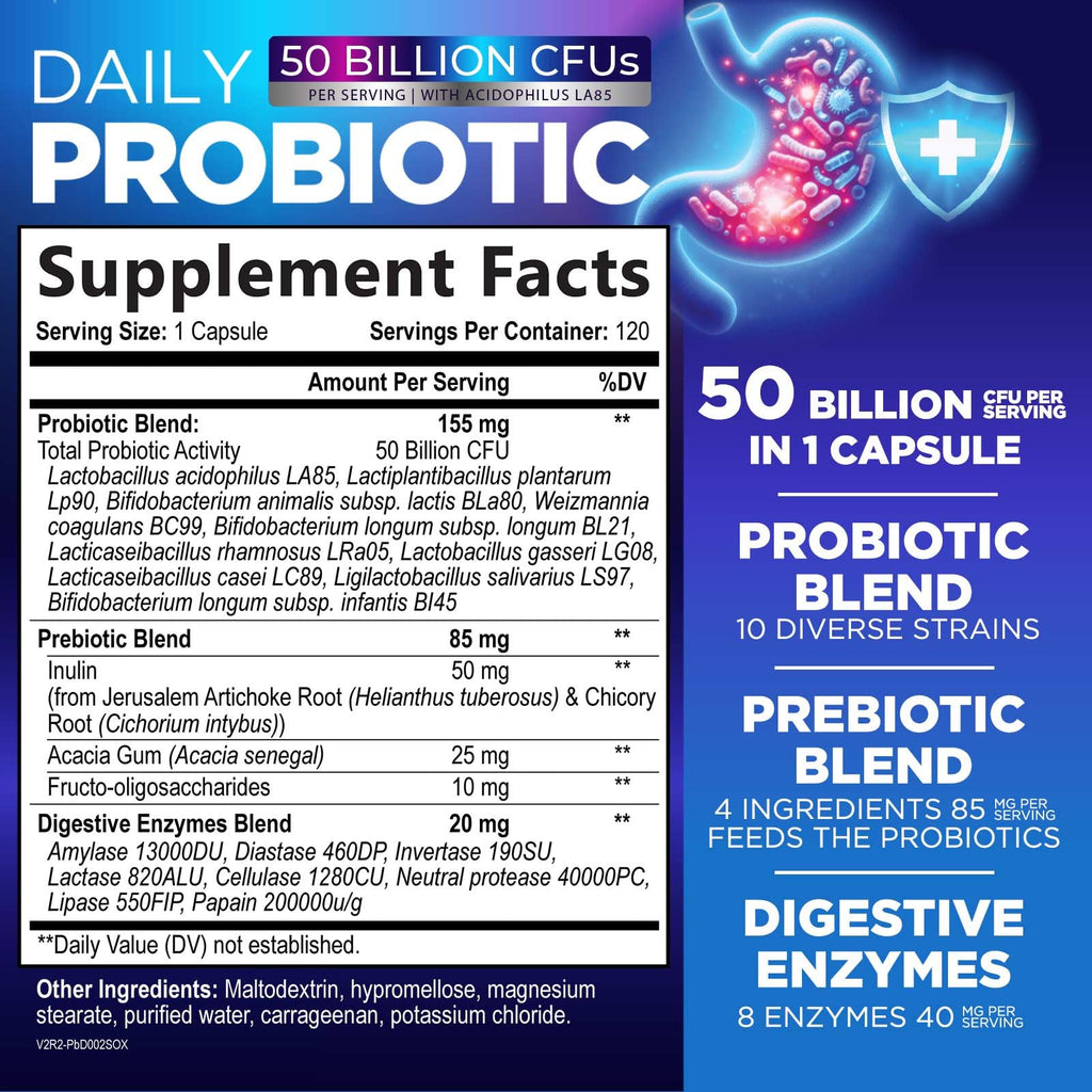 Probiotics 50 Billion CFU Per Serving - 10 Premium Strains + Digestive Enzymes & Prebiotics - Best Probiotic for Women & Men, Supports Immune, - FENGGESTORE20
