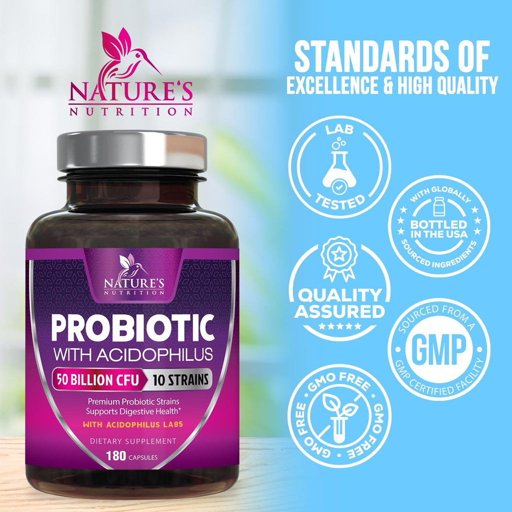 Probiotics for Digestive Gut Health - 50 Billion CFU Per Capsule, 10 Premium Strains & Prebiotics - Best Probiotics for Women & Men, Occasional Constipation, Gas, Immune Health Support - 180 Capsules - FENGGESTORE20