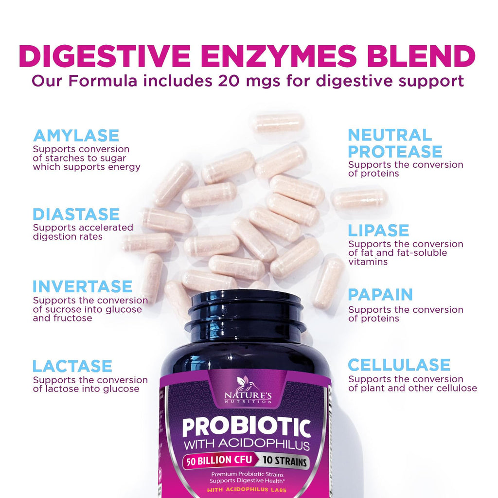 Probiotics for Digestive Gut Health - 50 Billion CFU Per Capsule, 10 Premium Strains & Prebiotics - Best Probiotics for Women & Men, Occasional Constipation, Gas, Immune Health Support - 180 Capsules - FENGGESTORE20