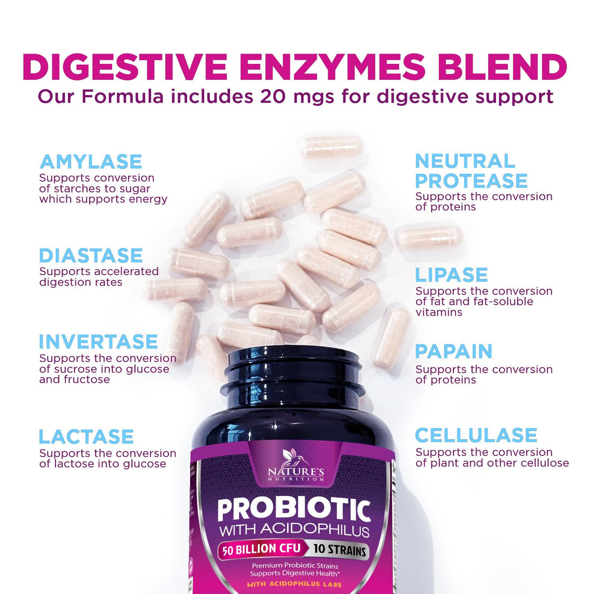 Probiotics for Digestive Gut Health - 50 Billion CFU Per Capsule, 10 Premium Strains & Prebiotics - Best Probiotics for Women & Men, Occasional Constipation, Gas, Immune Health Support - 180 Capsules - FENGGESTORE20