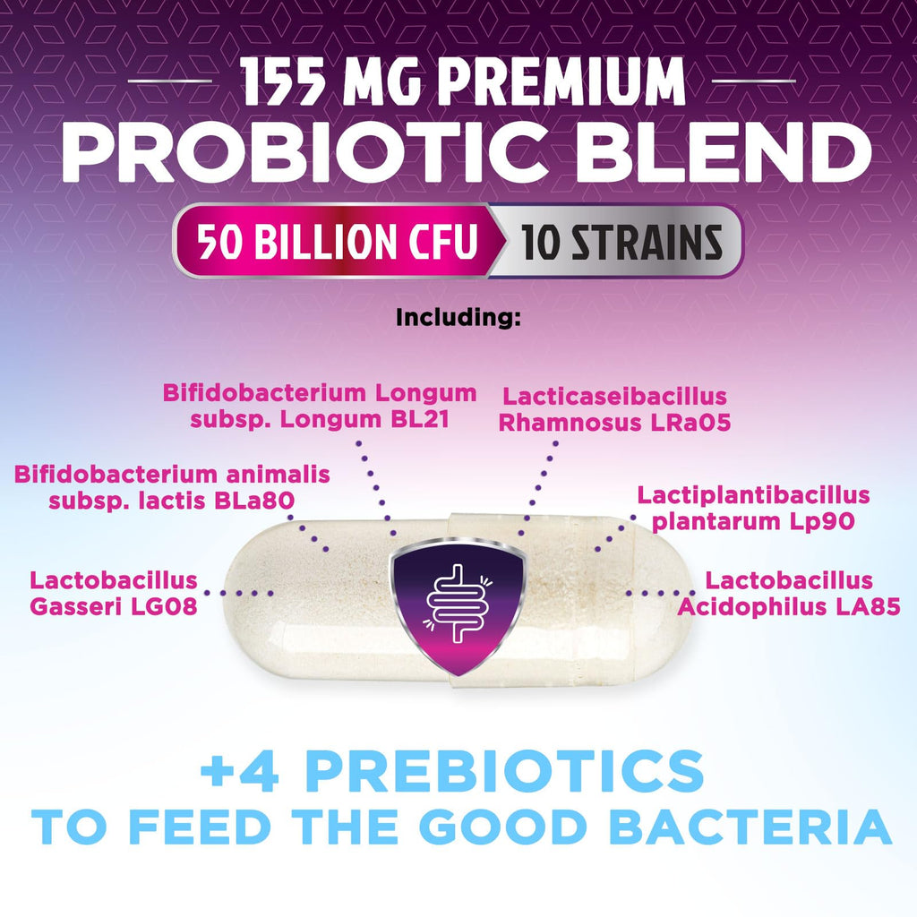 Probiotics for Digestive Gut Health - 50 Billion CFU Per Capsule, 10 Premium Strains & Prebiotics - Best Probiotics for Women & Men, Occasional Constipation, Gas, Immune Health Support - 180 Capsules - FENGGESTORE20