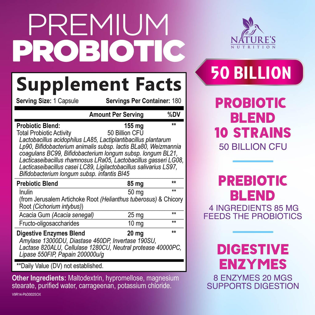 Probiotics for Digestive Gut Health - 50 Billion CFU Per Capsule, 10 Premium Strains & Prebiotics - Best Probiotics for Women & Men, Occasional Constipation, Gas, Immune Health Support - 180 Capsules - FENGGESTORE20