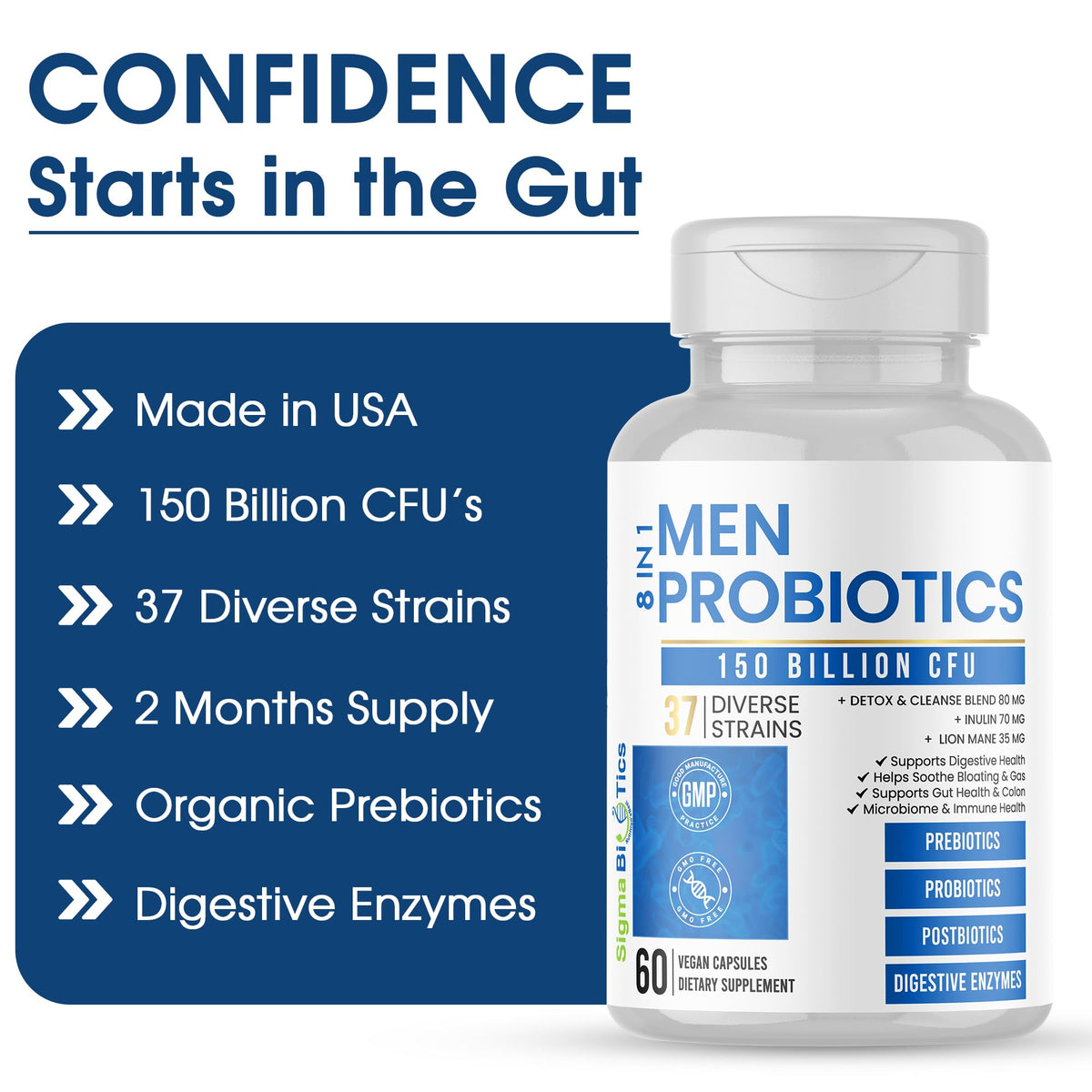 Probiotics for Men - 150 Billion CFU Acidophilus Capsules with Prebiotics & Postbiotics - Supports Gut Microbiome, Colon & Immune Health - FENGGESTORE20