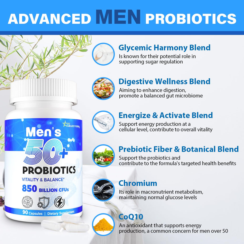 Probiotics for Men, Advanced 50+ Mens Probiotic, Comprehensive Gut & Energy Support with 850 Billion CFU, 1800mg Prebiotics Fiber – Tailored Wellness mens probiotics - FENGGESTORE20
