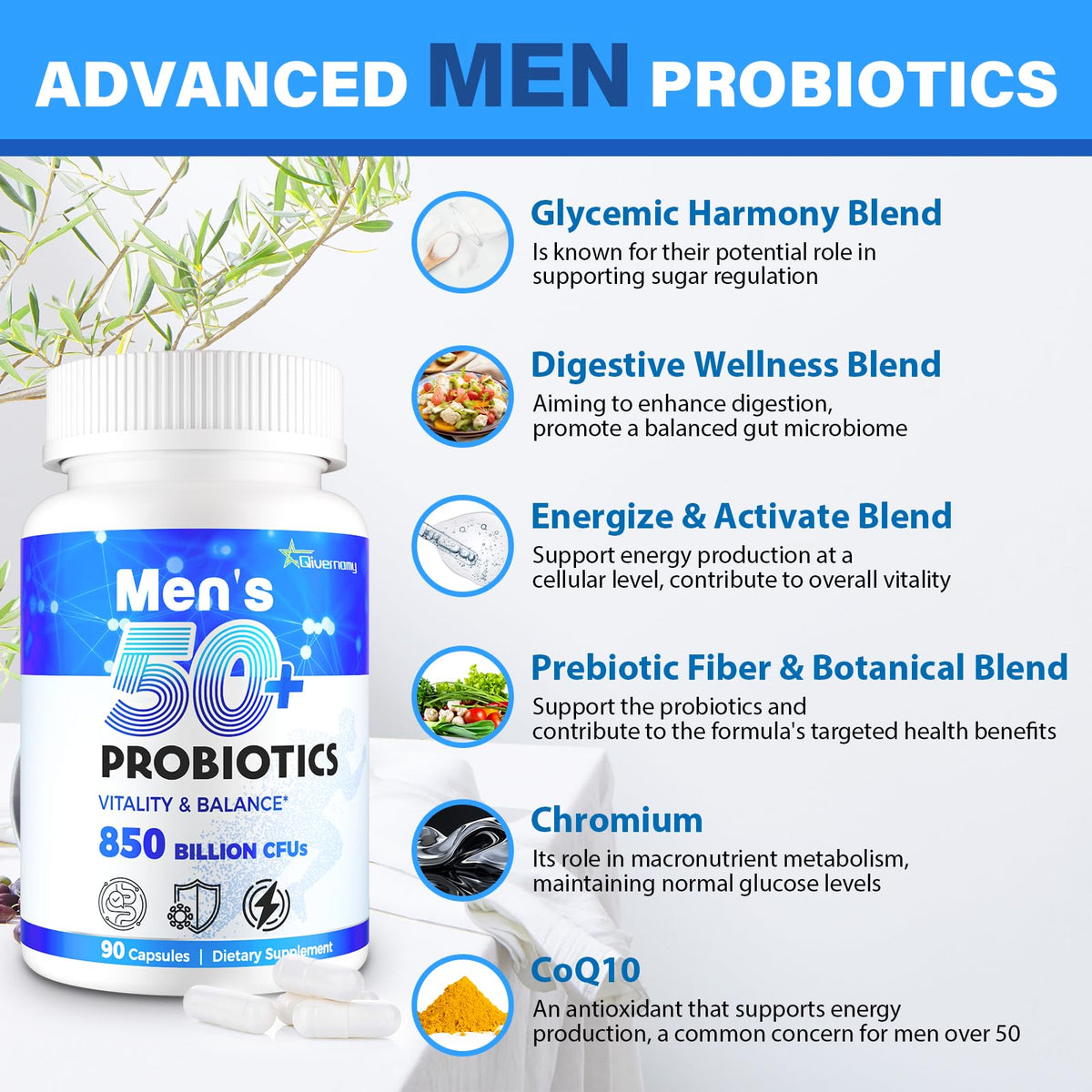 Probiotics for Men, Advanced 50+ Mens Probiotic, Comprehensive Gut & Energy Support with 850 Billion CFU, 1800mg Prebiotics Fiber – Tailored Wellness mens probiotics - FENGGESTORE20