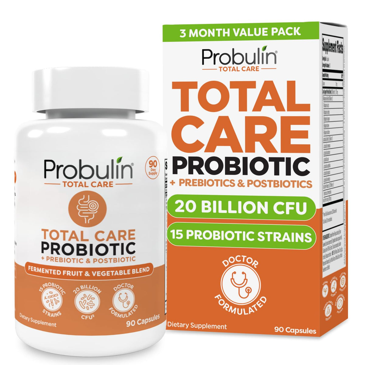 Probulin Total Care Probiotic Supplement, Daily Gut, Digestive, and Immune Health Probiotics Capsules for Men and Women, 20 Billion CFU, Vegan, 90 Count Bottle - FENGGESTORE20