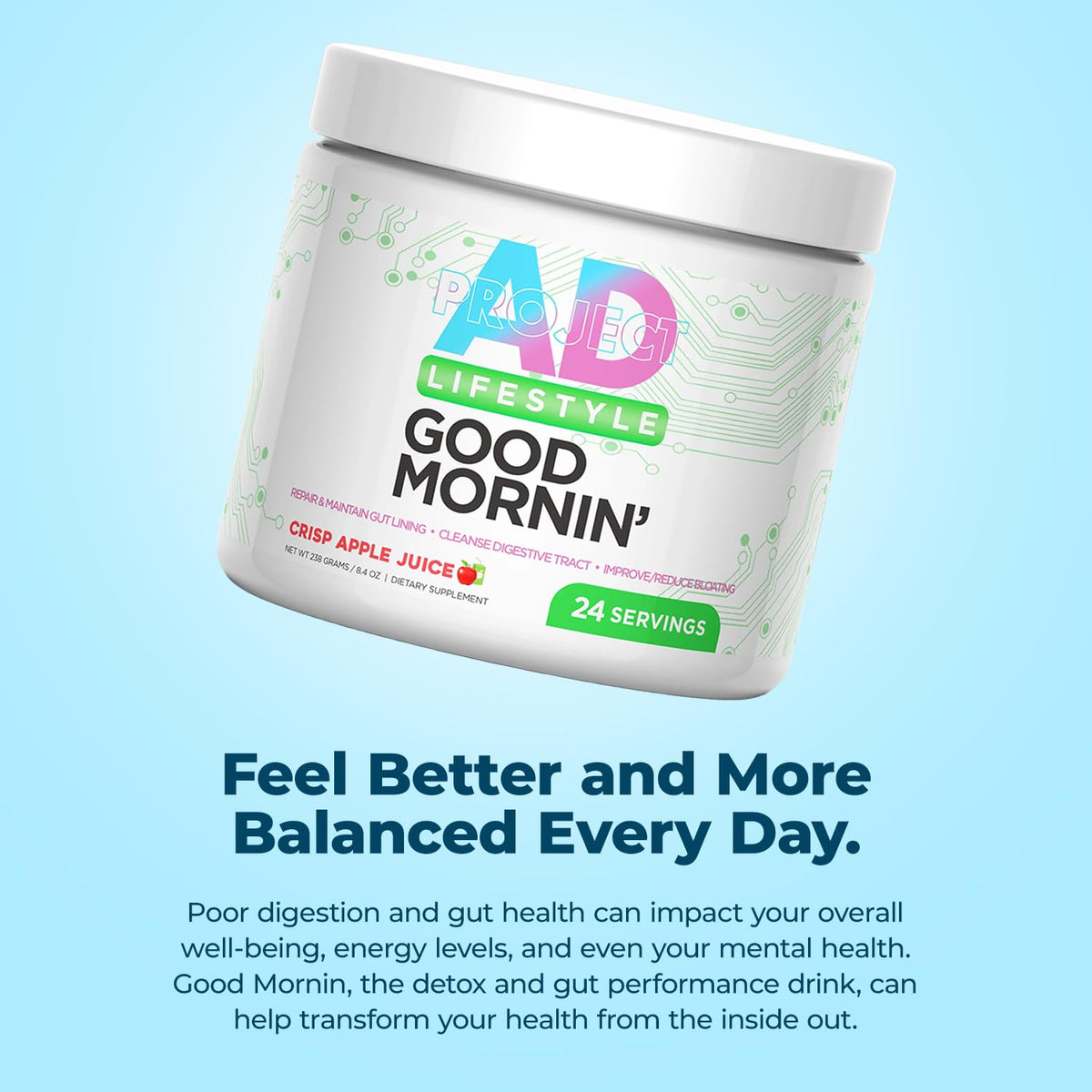 Project AD Life Good Morning Detox and Performance Drink, Naturally Flavored and Formulated with L-GLutamine, Apple Cider Vinegar, and Aloe Vera - FENGGESTORE20