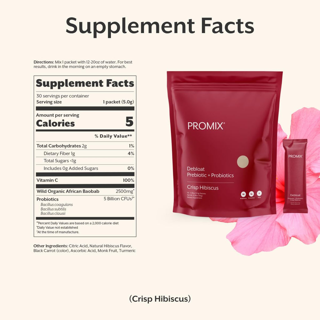 ProMix Nutrition Debloat Prebiotics and Probiotics Immune Support Supplement for Digestion, Cortisol Health, Gut Cleanse - Hibiscus - FENGGESTORE20