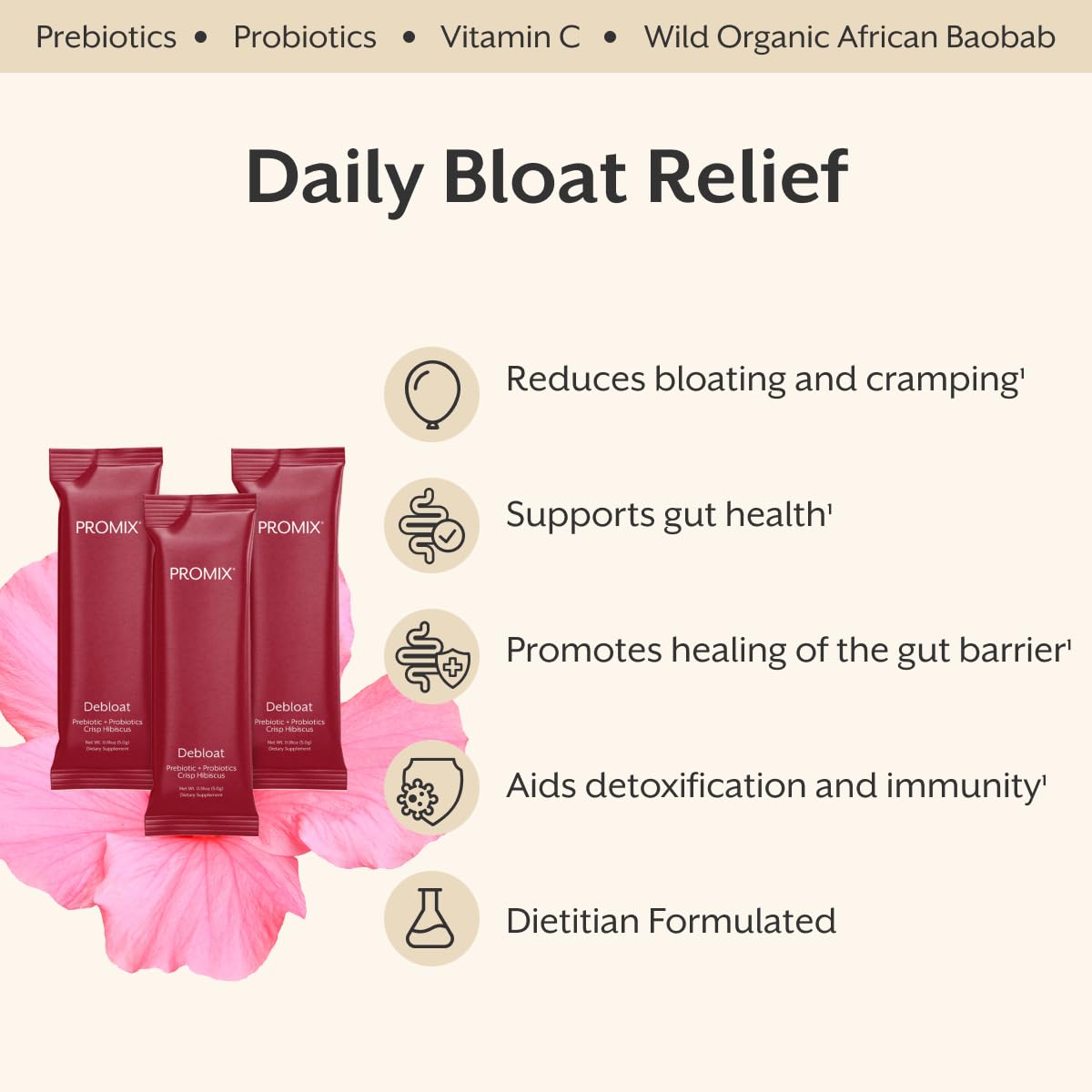 ProMix Nutrition Debloat Prebiotics and Probiotics Immune Support Supplement for Digestion, Cortisol Health, Gut Cleanse - Hibiscus - FENGGESTORE20