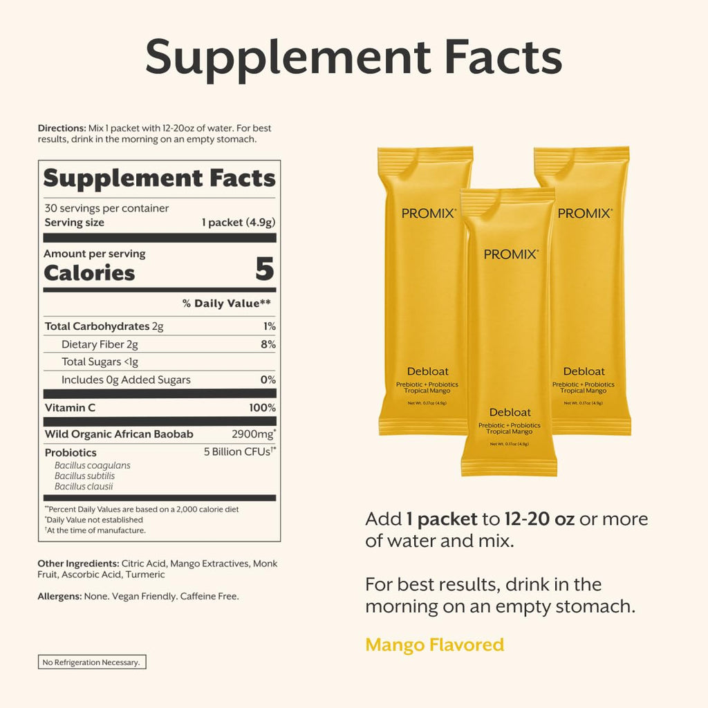 ProMix Nutrition Debloat Prebiotics and Probiotics Immune Support Supplement for Digestion, Cortisol Health, Gut Cleanse - Mango - 30 Servings (Pack of 30) - FENGGESTORE20