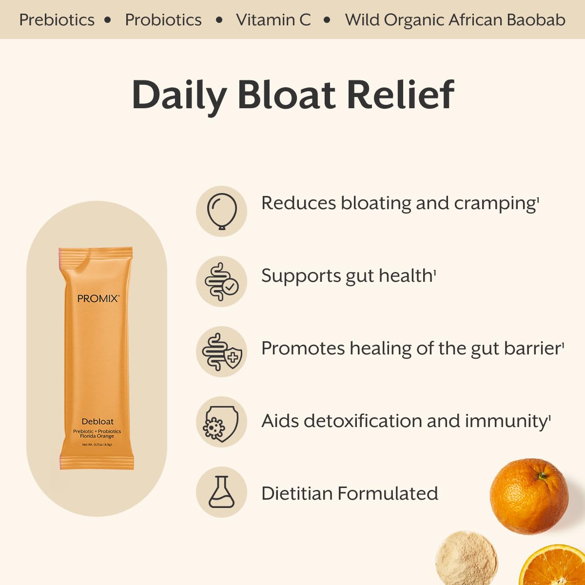 ProMix Nutrition Debloat Prebiotics and Probiotics with Baobab - Rich in Vitamin C, Bloating Relief, Immune Support - FENGGESTORE20