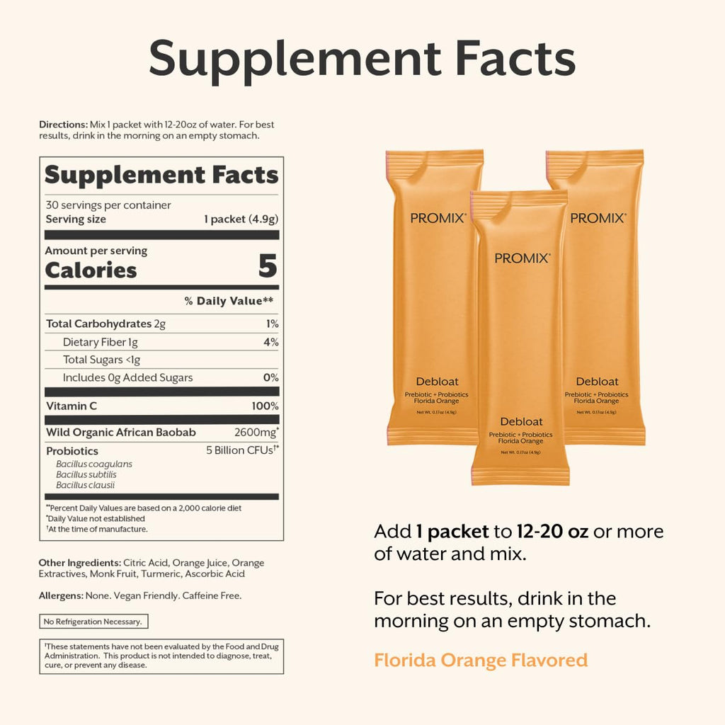 ProMix Nutrition Debloat Prebiotics and Probiotics with Baobab - Rich in Vitamin C, Bloating Relief, Immune Support - FENGGESTORE20