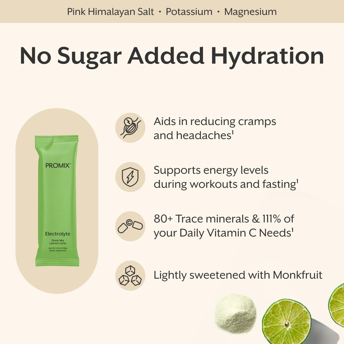 ProMix Nutrition Electrolytes Powder Hydration Packets - Himalayan Pink Salt, Magnesium, Potassium, Vitamin C - Lemon Lime, Lightly Sweetened - FENGGESTORE20