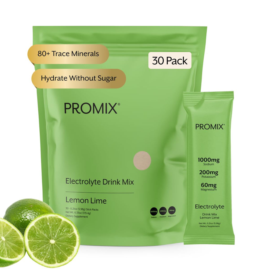 ProMix Nutrition Electrolytes Powder Hydration Packets - Himalayan Pink Salt, Magnesium, Potassium, Vitamin C - Lemon Lime, Lightly Sweetened - FENGGESTORE20