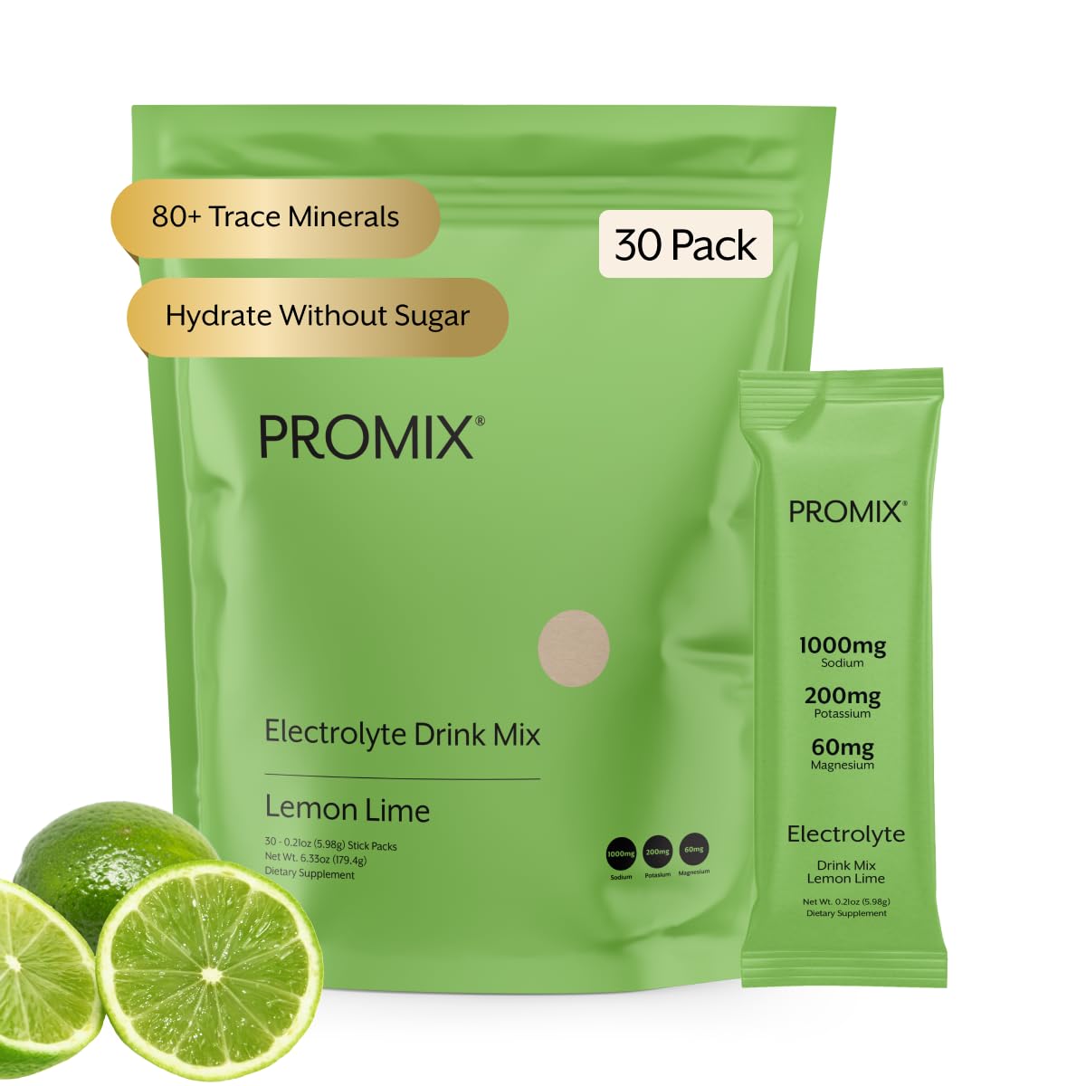 ProMix Nutrition Electrolytes Powder Hydration Packets - Himalayan Pink Salt, Magnesium, Potassium, Vitamin C - Lemon Lime, Lightly Sweetened - FENGGESTORE20