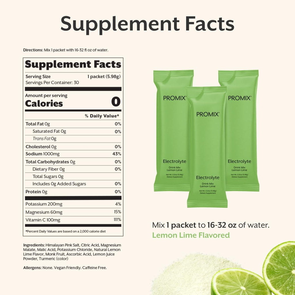 ProMix Nutrition Electrolytes Powder Hydration Packets - Himalayan Pink Salt, Magnesium, Potassium, Vitamin C - Lemon Lime, Lightly Sweetened - FENGGESTORE20
