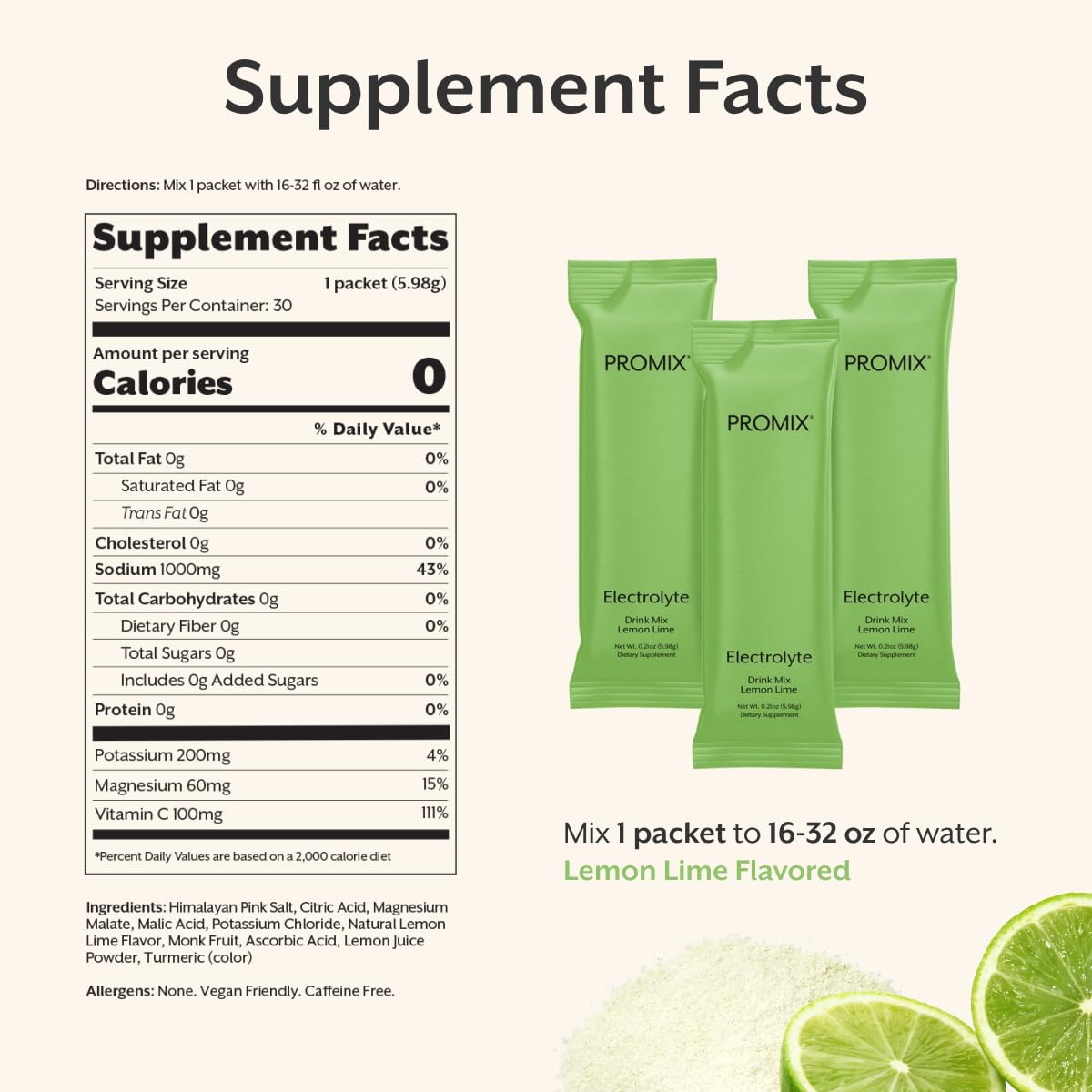 ProMix Nutrition Electrolytes Powder Hydration Packets - Himalayan Pink Salt, Magnesium, Potassium, Vitamin C - Lemon Lime, Lightly Sweetened - FENGGESTORE20