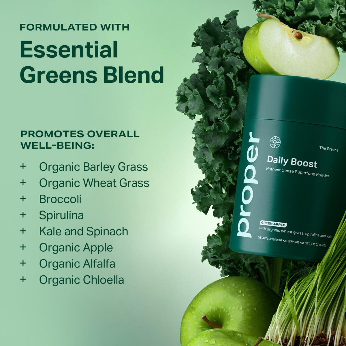 Proper, The Greens Daily Boost Organic Greens Powder. Whole Food, Apple Flavour Veggie Powder Superfood with Wheatgrass, Spirulina, Chlorella, Probiotics. - FENGGESTORE20