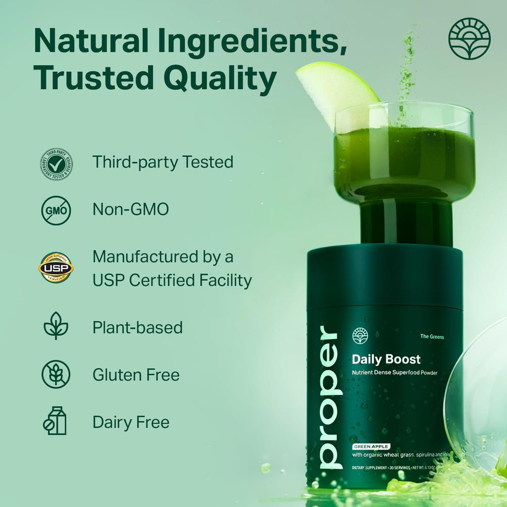 Proper, The Greens Daily Boost Organic Greens Powder. Whole Food, Apple Flavour Veggie Powder Superfood with Wheatgrass, Spirulina, Chlorella, Probiotics. - FENGGESTORE20