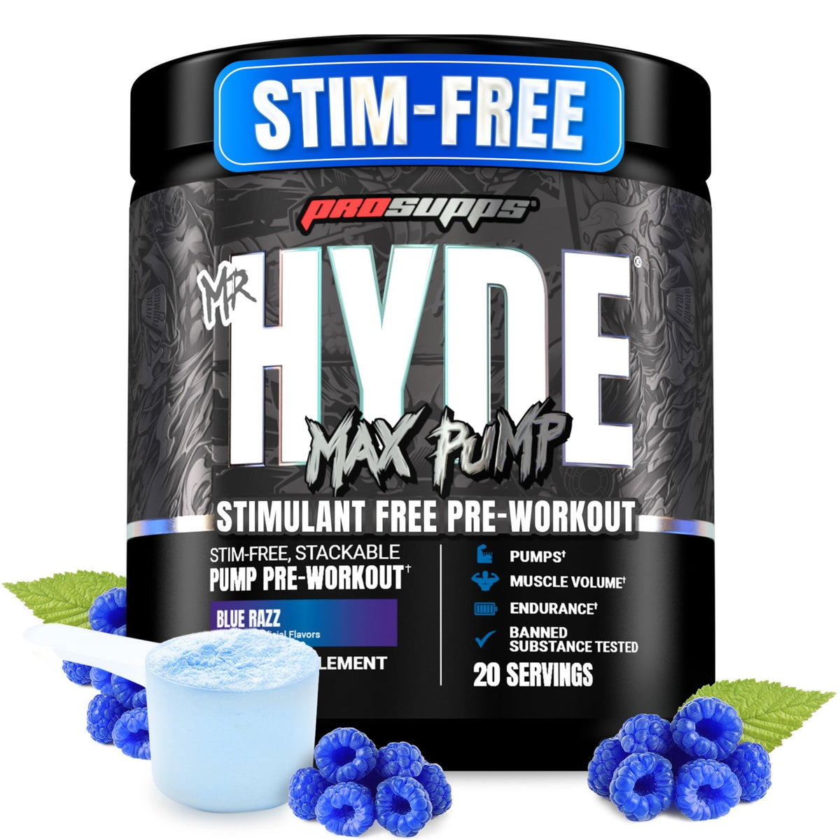ProSupps Mr. Hyde Max Pump Pre Workout Powder - Stim-Free Preworkout Supports Blood Flow, Muscle Volume & Endurance - Caffeine-Free Nitric Oxide Gym & Fitness Supplements - FENGGESTORE20