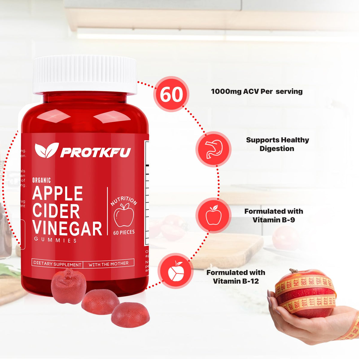ProTKFU Apple Cider Vinegar Gummies, 120 Count Max Strength 1000mg ACV Gummies with Vitamin B12 & B6, for Metabolism, Digestion, Detox, Gut & Immune Health - FENGGESTORE20