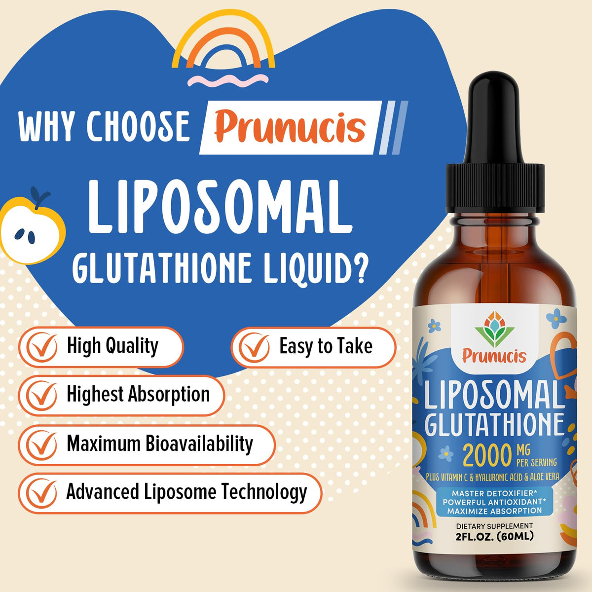 Prunucis 2000MG Liposomal Glutathione Liquid, 98% Absorption, Active Form L-Glutathione Supplement, - FENGGESTORE20