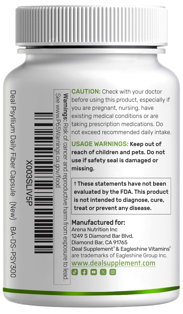 Psyllium Husk 1500mg Per Serving, 300 Capsules – 3 in 1 Fiber Supplement with Inulin & Acacia Complex – Natural Soluble Fiber - FENGGESTORE20