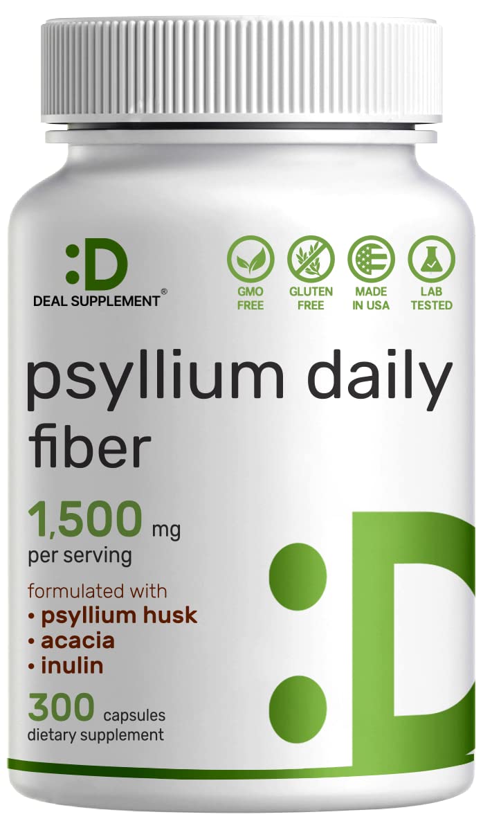 Psyllium Husk 1500mg Per Serving, 300 Capsules – 3 in 1 Fiber Supplement with Inulin & Acacia Complex – Natural Soluble Fiber - FENGGESTORE20