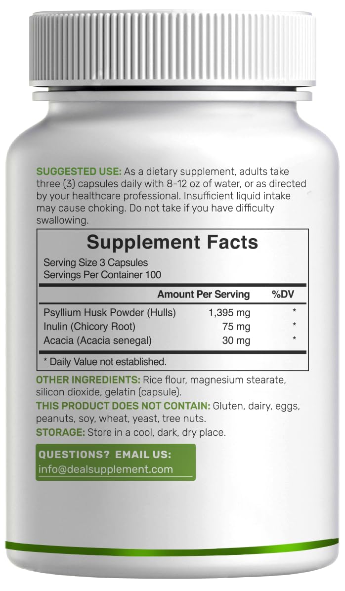 Psyllium Husk 1500mg Per Serving, 300 Capsules – 3 in 1 Fiber Supplement with Inulin & Acacia Complex – Natural Soluble Fiber - FENGGESTORE20
