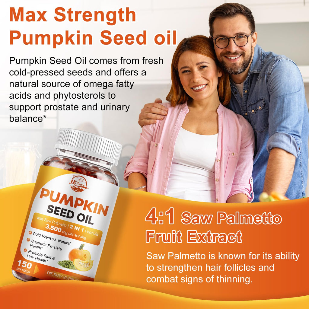Pumpkin Seed Oil with Saw Palmetto, 3500mg Max Strength per Serving, 150 Softgels, Cold-Pressed with Essential Fatty Acids & Phytosterols, Supports Immune - FENGGESTORE20