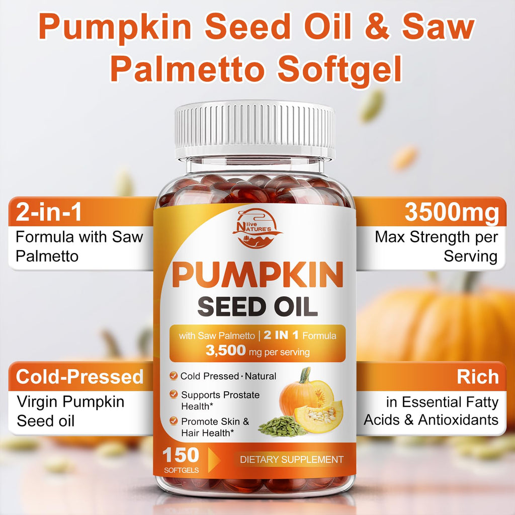 Pumpkin Seed Oil with Saw Palmetto, 3500mg Max Strength per Serving, 150 Softgels, Cold-Pressed with Essential Fatty Acids & Phytosterols, Supports Immune - FENGGESTORE20