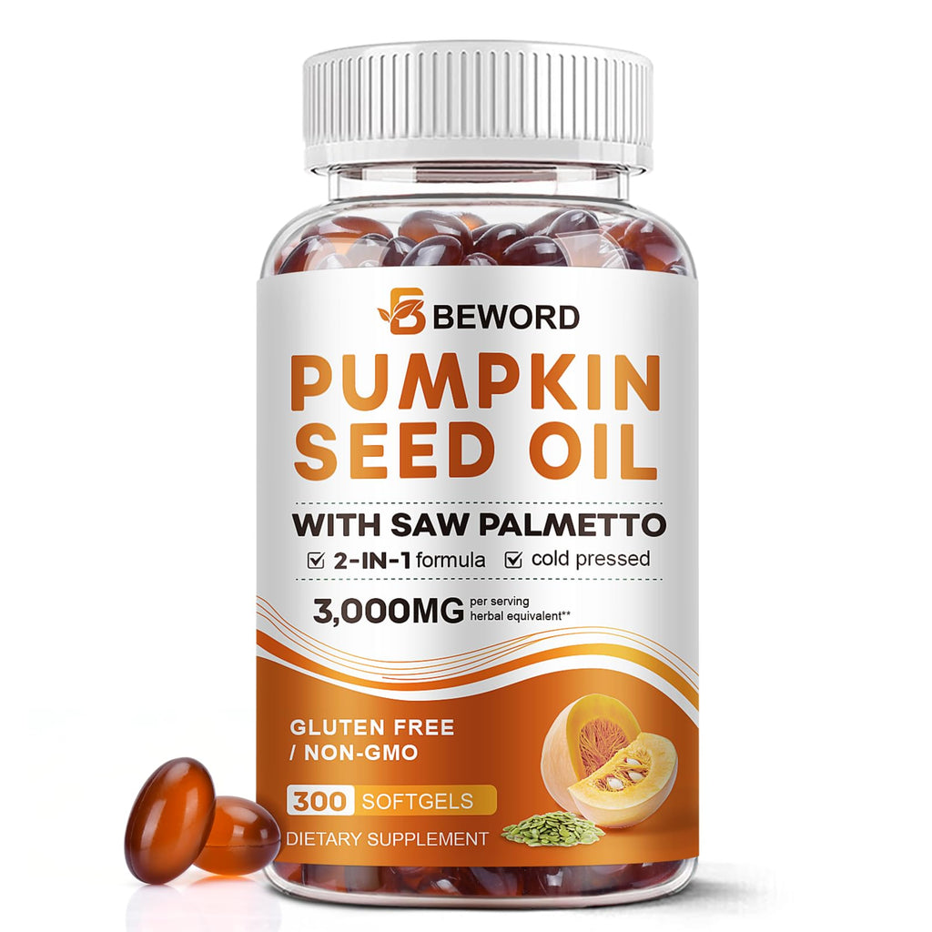 Pumpkin Seed Oil with Saw Palmetto Capsules, 3000mg/serving, 300/600 Softgels | Cold Pressed, Pure Virgin Oil, Essential Fatty Acids & Phytosterols | Supports Hair, Urinary - FENGGESTORE20