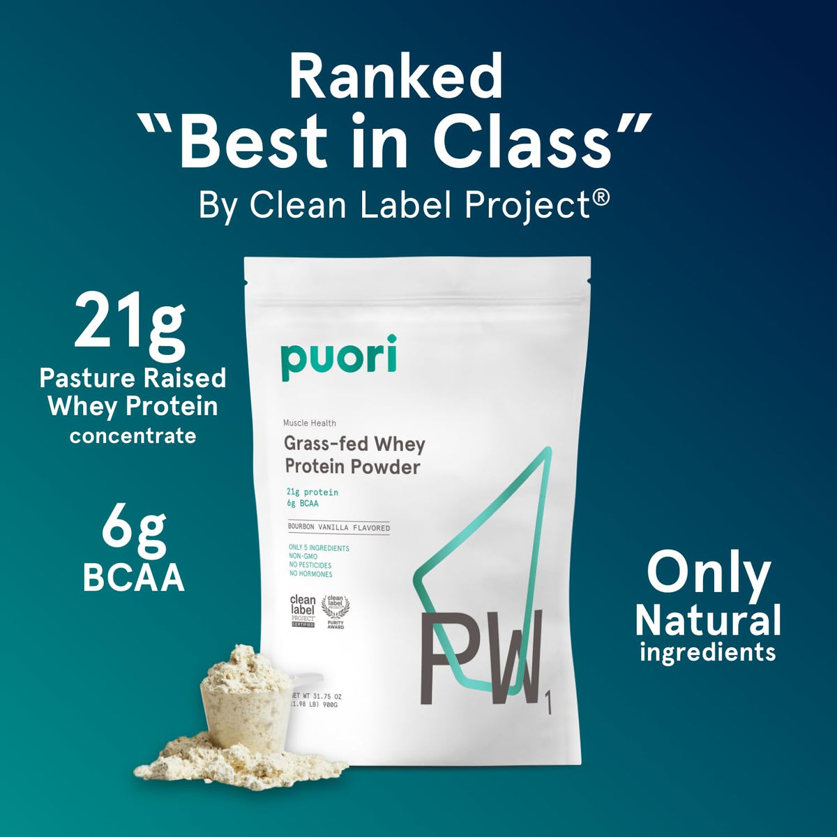 Puori Whey Protein Powder, Bourbon Vanilla - PW1 Pasture-Raised, Grass-Fed Whey Protein Powder Drink Mix containing BCAA Amino Acids - Post-Workout Supplement - FENGGESTORE20