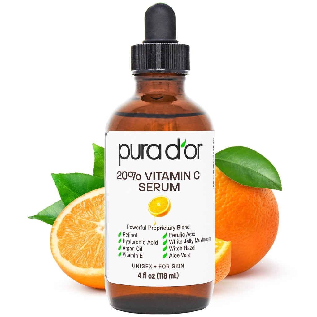 PURA D'OR 20% Vitamin C Facial Serum 4 Oz Antioxidant Blend w/Retinol, Hyaluronic Acid, Vitamin E, Ferulic Acid - Hydrating Lightweight Skincare Formula - FENGGESTORE20