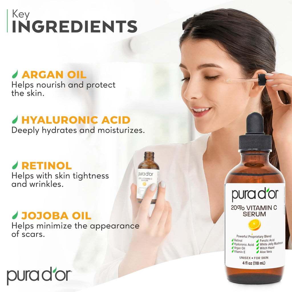 PURA D'OR 20% Vitamin C Facial Serum 4 Oz Antioxidant Blend w/Retinol, Hyaluronic Acid, Vitamin E, Ferulic Acid - Hydrating Lightweight Skincare Formula - FENGGESTORE20