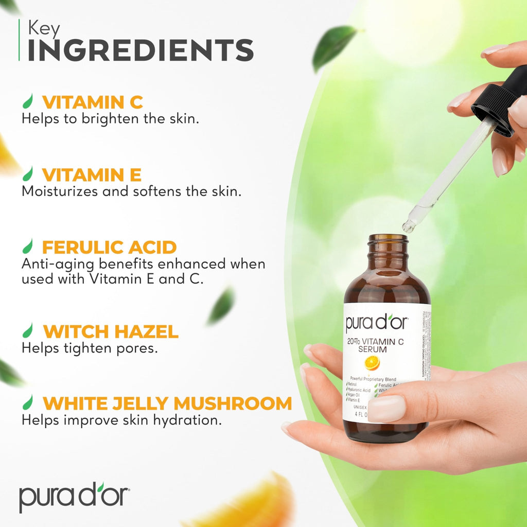 PURA D'OR 20% Vitamin C Facial Serum 4 Oz Antioxidant Blend w/Retinol, Hyaluronic Acid, Vitamin E, Ferulic Acid - Hydrating Lightweight Skincare Formula - FENGGESTORE20