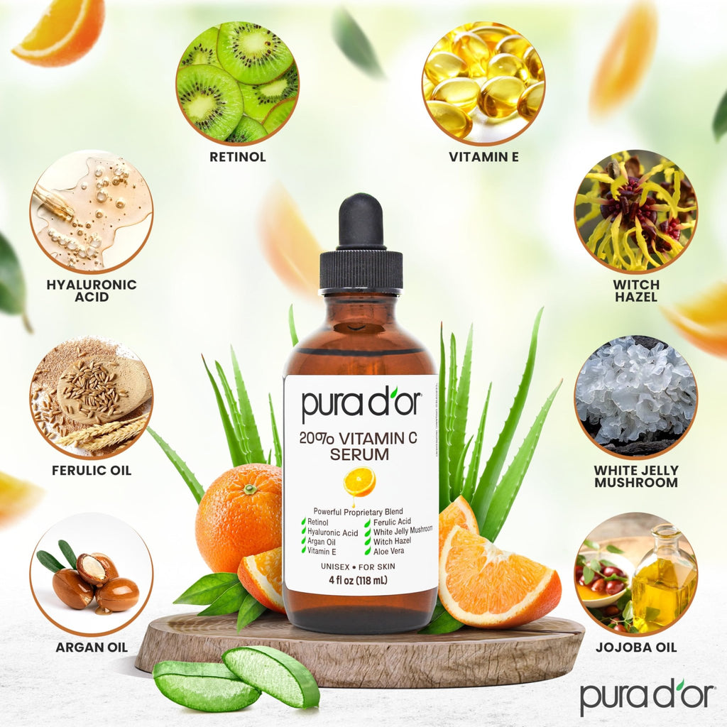 PURA D'OR 20% Vitamin C Facial Serum 4 Oz Antioxidant Blend w/Retinol, Hyaluronic Acid, Vitamin E, Ferulic Acid - Hydrating Lightweight Skincare Formula - FENGGESTORE20