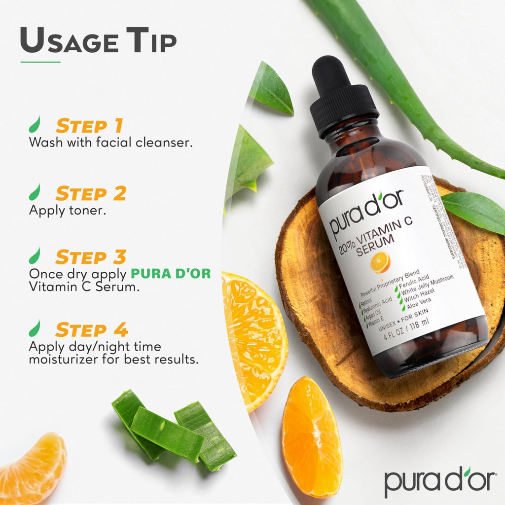 PURA D'OR 20% Vitamin C Facial Serum 4 Oz Antioxidant Blend w/Retinol, Hyaluronic Acid, Vitamin E, Ferulic Acid - Hydrating Lightweight Skincare Formula - FENGGESTORE20