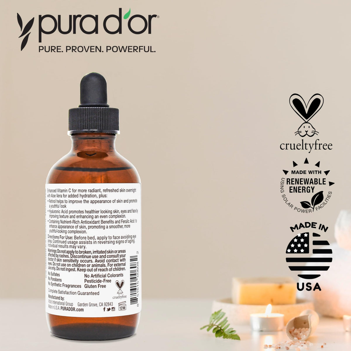 PURA D'OR 20% Vitamin C Facial Serum 4 Oz Antioxidant Blend w/Retinol, Hyaluronic Acid, Vitamin E, Ferulic Acid - Hydrating Lightweight Skincare Formula - FENGGESTORE20
