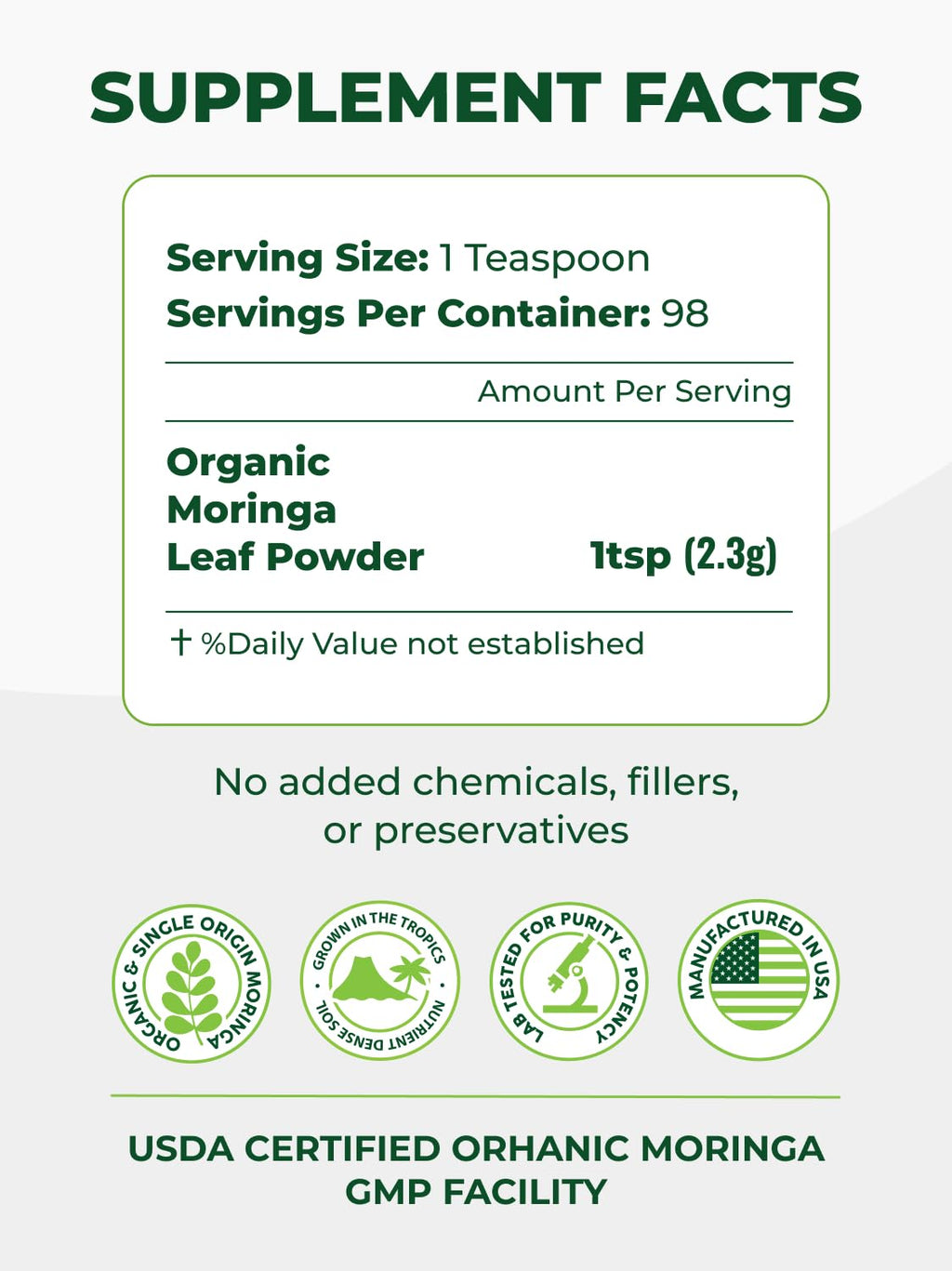 PURA VIDA MORINGA Organic Moringa Powder, Premium 100% Leaf Powder Single Origin - USDA Organic Moringa Oleifera Leaf - FENGGESTORE20