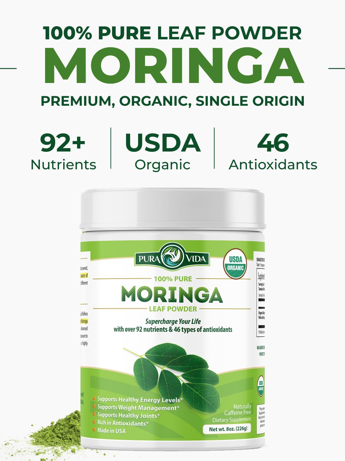 PURA VIDA MORINGA Organic Moringa Powder, Premium 100% Leaf Powder Single Origin - USDA Organic Moringa Oleifera Leaf - FENGGESTORE20