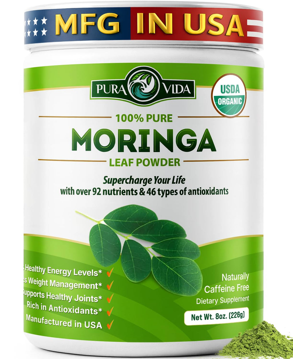 PURA VIDA MORINGA Organic Moringa Powder, Premium 100% Leaf Powder Single Origin - USDA Organic Moringa Oleifera Leaf - FENGGESTORE20