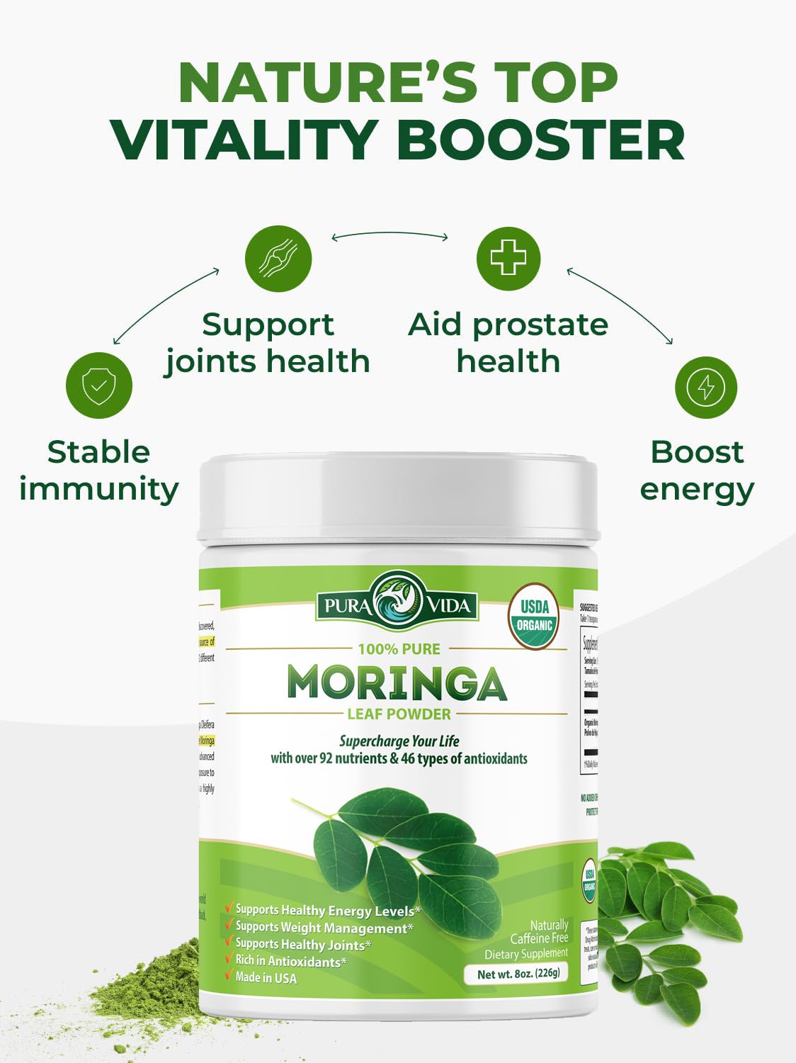 PURA VIDA MORINGA Organic Moringa Powder, Premium 100% Leaf Powder Single Origin - USDA Organic Moringa Oleifera Leaf - FENGGESTORE20